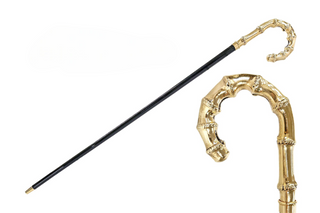 Gold plated bamboo style black beechwood handcrafted Italian walking stick front view