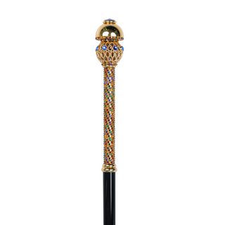 Gold plated designer crystal handle black beechwood 24K brass tip Italian walking cane handle detail