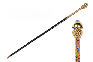 Gold plated designer crystal handle black beechwood 24K brass tip Italian walking cane front view