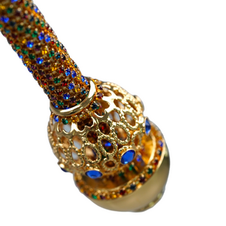 Gold plated designer crystal handle black beechwood 24K brass tip Italian walking cane close-up