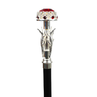 Silver plated crocodile handle Siam crystal gold tip Italian luxury walking cane close-up