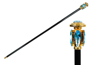 Aquamarine crystal handle gold plated tip handcrafted Italian walking stick front view