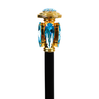 Aquamarine crystal handle gold plated tip handcrafted Italian walking stick side view