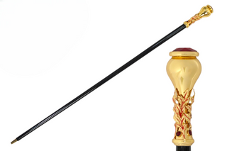 Red crystal handle 24K gold tip handcrafted Italian luxury walking cane front view