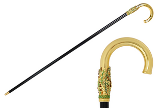 Gold plated hand-painted leaf handle Italian luxury walking cane front view