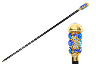 24K gold sapphire aqua crystal Italian luxury walking cane front view