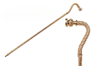 Crystal encrusted crook handle 24K gold plated Italian luxury walking cane front view
