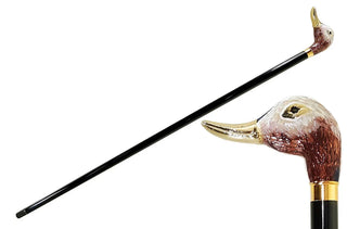 Gold duck head hand-enamelled handle black lacquered Italian luxury walking cane front view