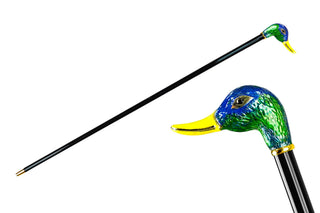 24K gold enamel duck head handle black beechwood Italian luxury walking cane front view