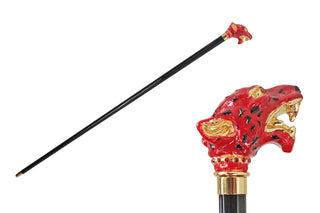 Red puma handle Swarovski crystal 24K gold-plated tip Italian luxury walking cane front view