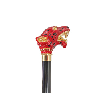 Red puma handle Swarovski crystal 24K gold-plated tip Italian luxury walking cane close-up