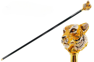 Tiger head 24K gold accent handcrafted Italian luxury walking cane front view
