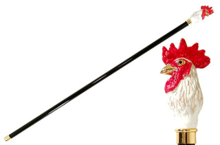 Gold rooster handle black lacquered wood shaft Italian luxury walking cane front view