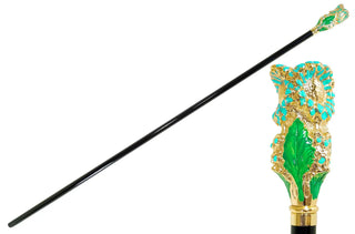 Enamelled flower 24K gold floral handle black lacquered Italian luxury walking cane front view