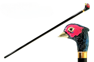 Gold plated hand-enamelled pheasant handle black lacquered shaft Italian walking cane front view
