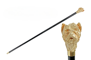 Enamelled dog handle 24K gold beechwood handcrafted Italian walking stick front view