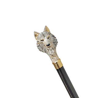 Gold plated hand-painted wolf handle Italian luxury walking stick close-up