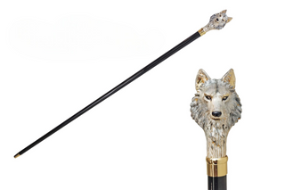 Gold plated hand-painted wolf handle Italian luxury walking stick front view
