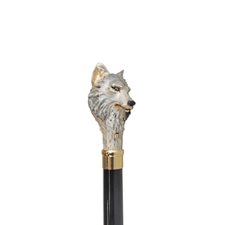 Gold plated hand-painted wolf handle Italian luxury walking stick detail