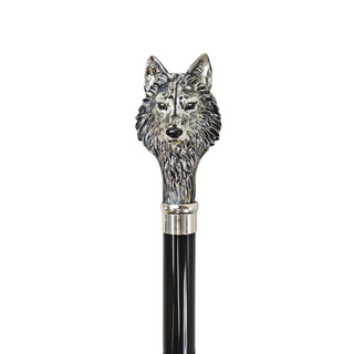 Silver plated wolf handle black beechwood handcrafted Italian walking cane side view