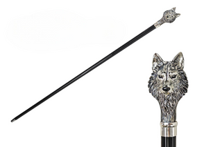 Silver plated wolf handle black beechwood handcrafted Italian walking cane front view