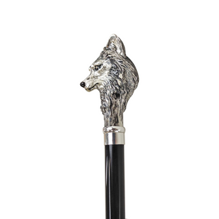 Silver plated wolf handle black beechwood handcrafted Italian walking cane close-up