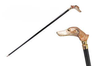 Hand-enameled greyhound handle 24K gold Italian luxury walking stick front view