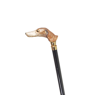 Hand-enameled greyhound handle 24K gold Italian luxury walking stick side view