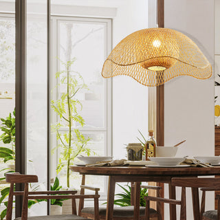 Bamboo pendant lamp over dining room with adjustable hang