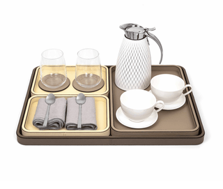 calfskin leather tray pinetti hand-stitched rectangular serving tray wooden base lifestyle view