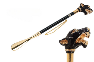 gold-plated hand painted puma handle 24K brass tongue long handle handmade Italian luxury shoehorn front view