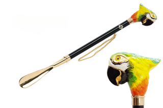 gold-plated parrot handle 24K brass tongue long handle handmade Italian luxury shoehorn front view