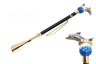 gold-plated hand-painted dolphin handle long handle handmade Italian luxury shoehorn front view