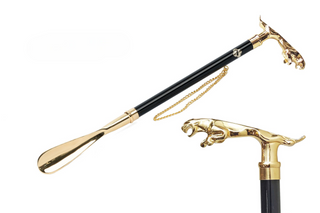 gold-plated jaguar handle brass long handle handcrafted Italian luxury shoehorn front view