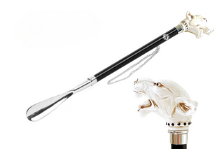 silver-plated black crystal puma design 21 inch long handle handcrafted Italian luxury shoehorn front view