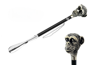 silver-plated hand-painted monkey handle 53cm brass long handle handmade Italian luxury shoehorn front view