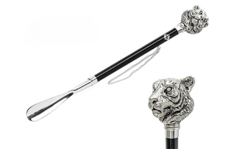 silver-plated tiger handle brass long handle handmade Italian luxury shoehorn front view