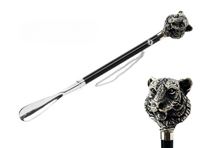 silver-plated hand painted tiger design 53cm gift box long handle handmade Italian luxury shoehorn front view