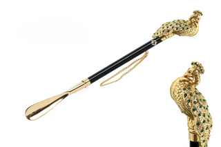 gold-plated peacock handle emerald crystal long handle handmade Italian luxury shoehorn front view