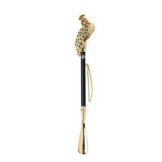 gold-plated peacock handle emerald crystal long handle handmade Italian luxury shoehorn side view