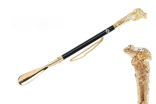 gold-plated frog handle sapphire crystal long handle handcrafted Italian luxury shoehorn front view
