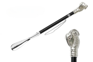 silver-plated Aries design brass handle 53cm long handle handmade Italian luxury shoehorn front view