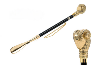 24K gold-plated artisan brass ram handle long handle handmade Italian luxury shoehorn front view