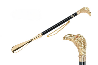 gold-plated brass grip 53cm long handle handcrafted Italian luxury shoehorn front view