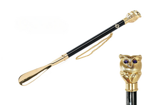 gold-plated owl handle long handle handcrafted Italian luxury shoehorn front view