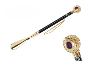 24K gold-plated amethyst crystal handle long handle handcrafted Italian luxury shoehorn front view