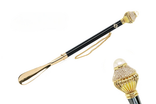 24K gold-plated brass crystal pearl gift box long handle handcrafted Italian luxury shoehorn front view