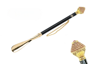 24K gold-plated crystal handle long handle handcrafted Italian luxury shoehorn front view
