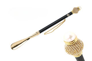 gold-plated crystal embellished gift box long handle handmade Italian luxury shoehorn front view