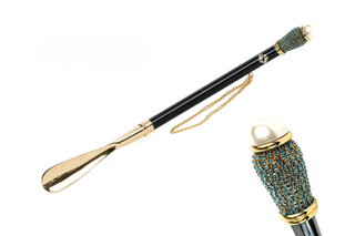 24K gold-plated aquamarine crystal handle long handle handmade Italian luxury shoehorn front view